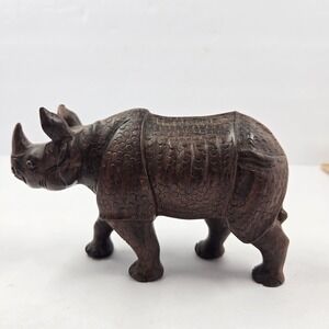 Hand Carved Wooden Rhino Figurine Vintage Wood Rhinoceros Sculpture Decor